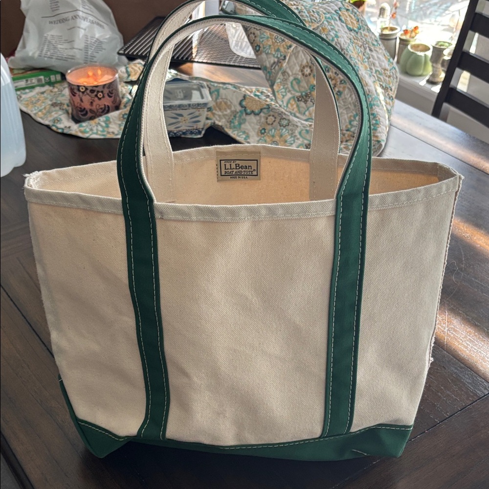 L.L. Bean Natural Canvas Tote with Dark Green Accents